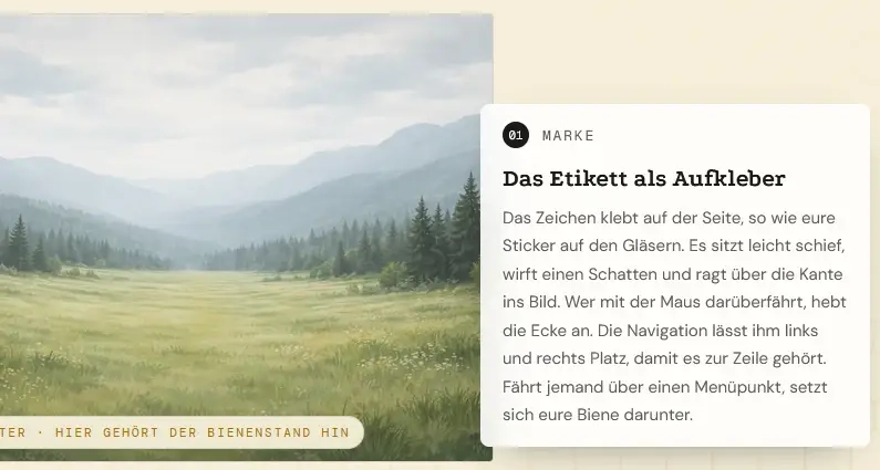 Hildner Web Development Vorschauseite: Ein angetippter Punkt im Entwurf, daneben die Erklärung zu diesem Abschnitt.